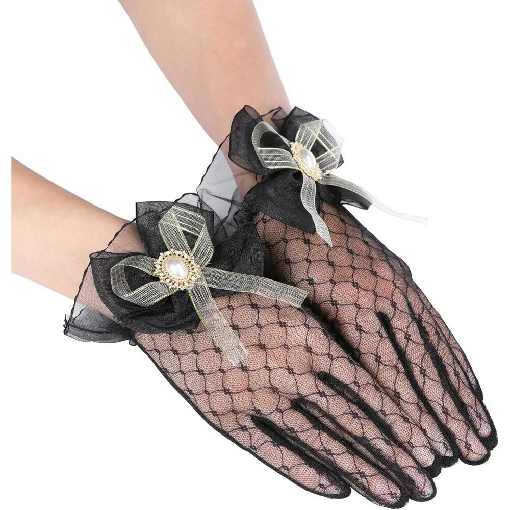 Women's Black #3 Short Lace Pearl Bow Gloves Style Wedding Opera Party Prom